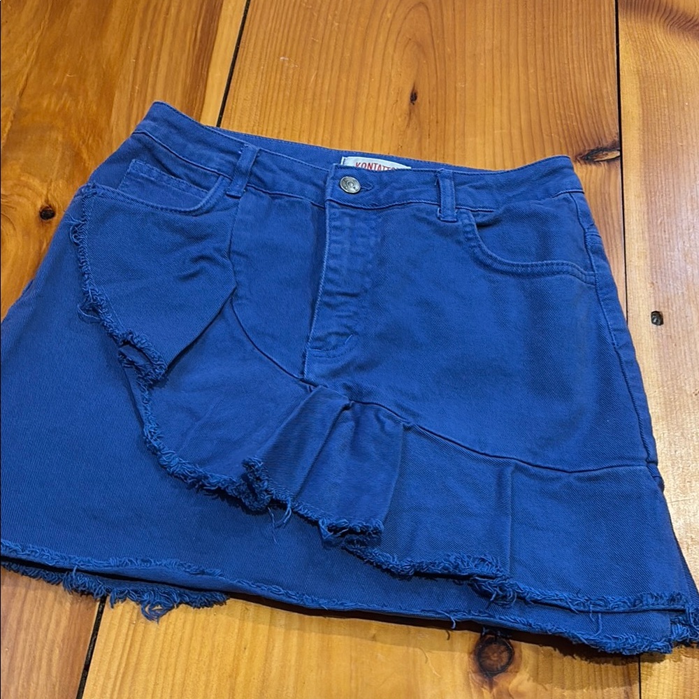 KONTATTO (Italy) M Blue Raw Denim Ruffled Mini Skirt